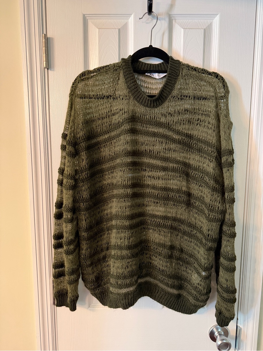 Zara Olive Green Open-Knit Crewneck Sweater